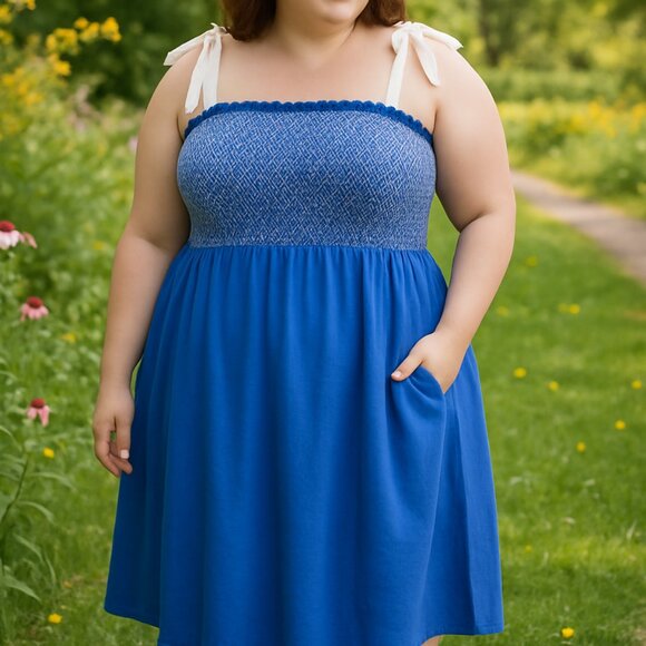 Plus Size 2xl Royal Blue Midi Smocked Dress Bow Tie Straps Linen Blend Pocket - Picture 1 of 7